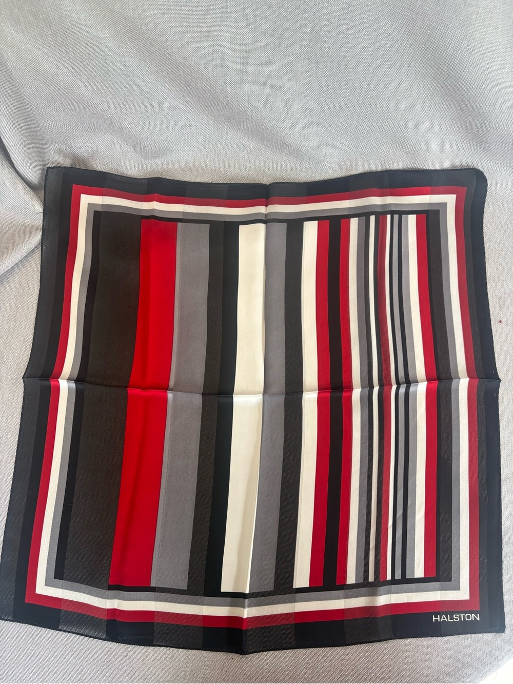 Halston Striped Silk Scarf in Black, Red, Gray, and Cream